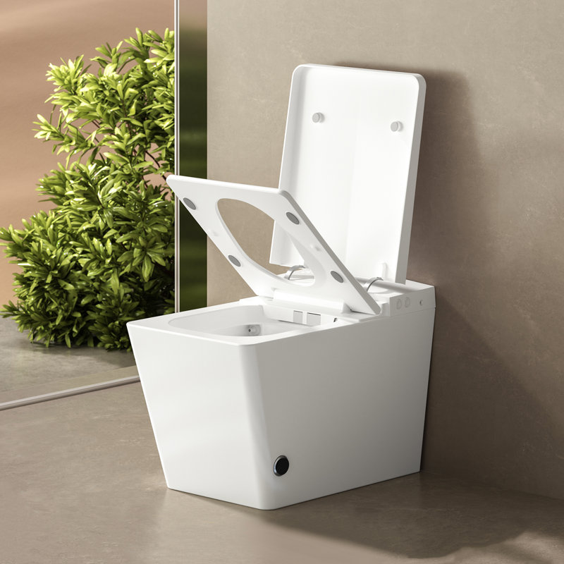 Modern Square Toilet With Embedded Tank - Remote Operated, Auto Flush, Heated Seat, Led Interface, User Customizable Options, White Finish Smart Mounted For Bathroom Control, Automatic Warm Display,