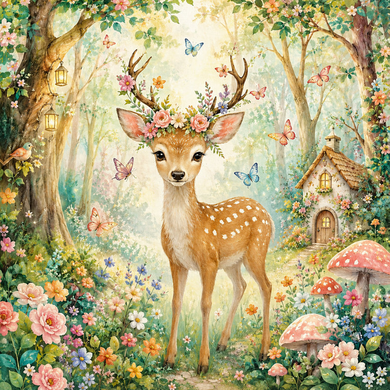 «Whimsical Deer Woodland», impression de livre de contes floraux de chambre de bébé du Jabreon, H 40 po x l 40 po x P 1,5 po