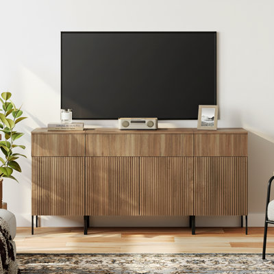 63" Modern Reeded TV Stand With Doors, Entertainment Centre With Shelf, Wooden TV Console With Drawers For Living Room