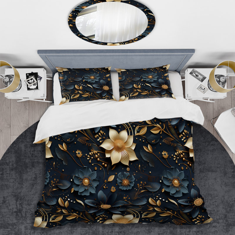 Ensemble de housse de couette Midnight Blue Charm Gold and Black, Housse de couette pour très grand lit et 2 très