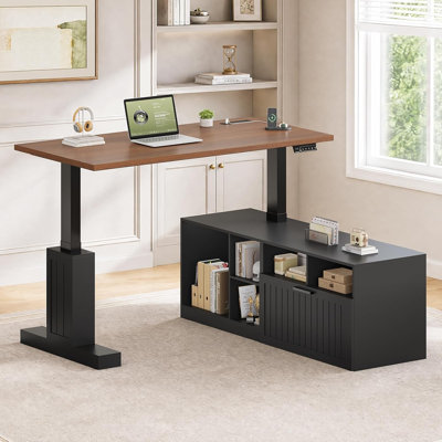 Bureau debout en L Farmhouse, bureau de direction à hauteur ajustable 55,1 po x 54,3 po avec classeur latéral, bureau d'ordinateur en coin avec prises de courant pour bureau personnel, noir