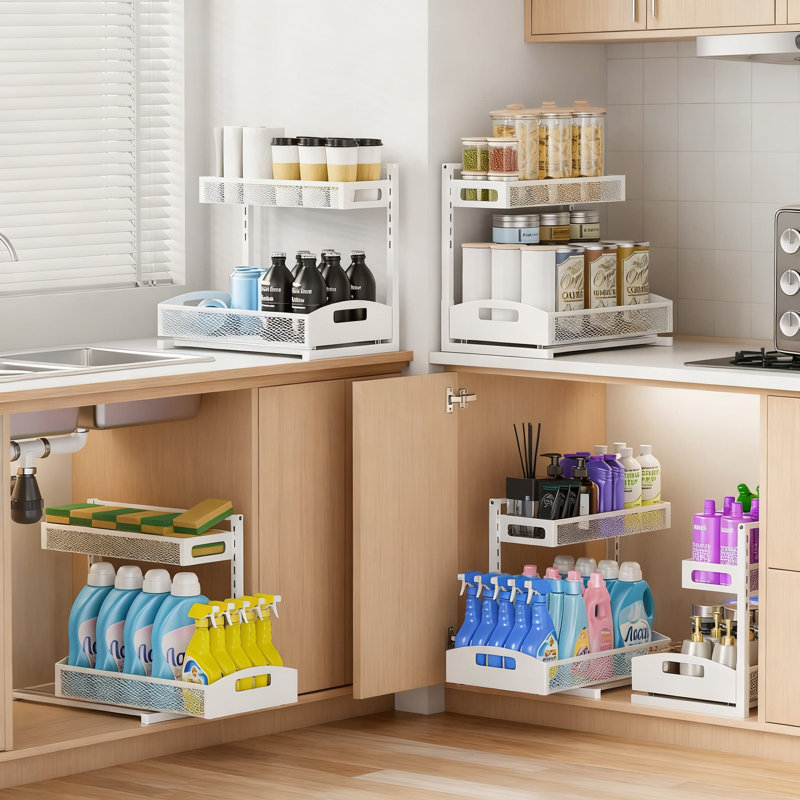 Organisateur escamotable sous l'évier avec tiroirs coulissants lisses, support de rangement réglable en acier à 5 niveaux pour la cuisine, la salle de bain et le garde-manger
