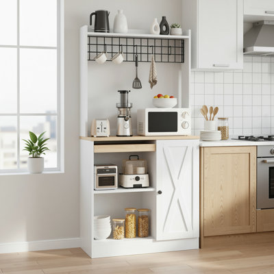Bakers Rack With Power Outlets, 63-inch Tall Coffee Bar Cabinet With Pull-out Shelf, Adjustable Shelves, 5 S-hooks And Hanging Grid, White