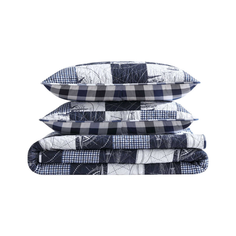 Nautica Sailors Patchwork Cotton Reversible Blue Quilt Set, Queen Quilt + 2 Standard Shams