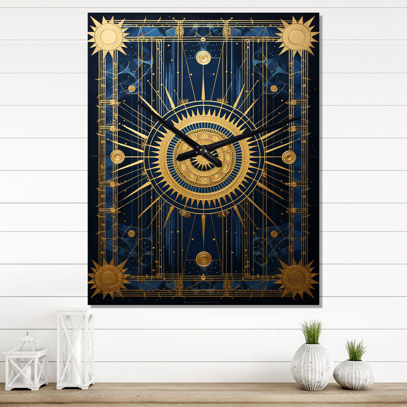 Ancienne sceau antique en or et bleu III - horloge murale rétro géométrique moderne, H 32 po x l 24 po x P 1 po