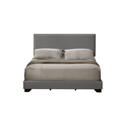 Gray Fabric Queen Bed, Wood Leg Style, Fully Upholstered With Nailhead Trim Details, 4 Slats Box Spring Necessary, 660Lbs Load - Bearing, 6" Floor Space, 84 In Product Length, 64 Width, 43 Height Bed