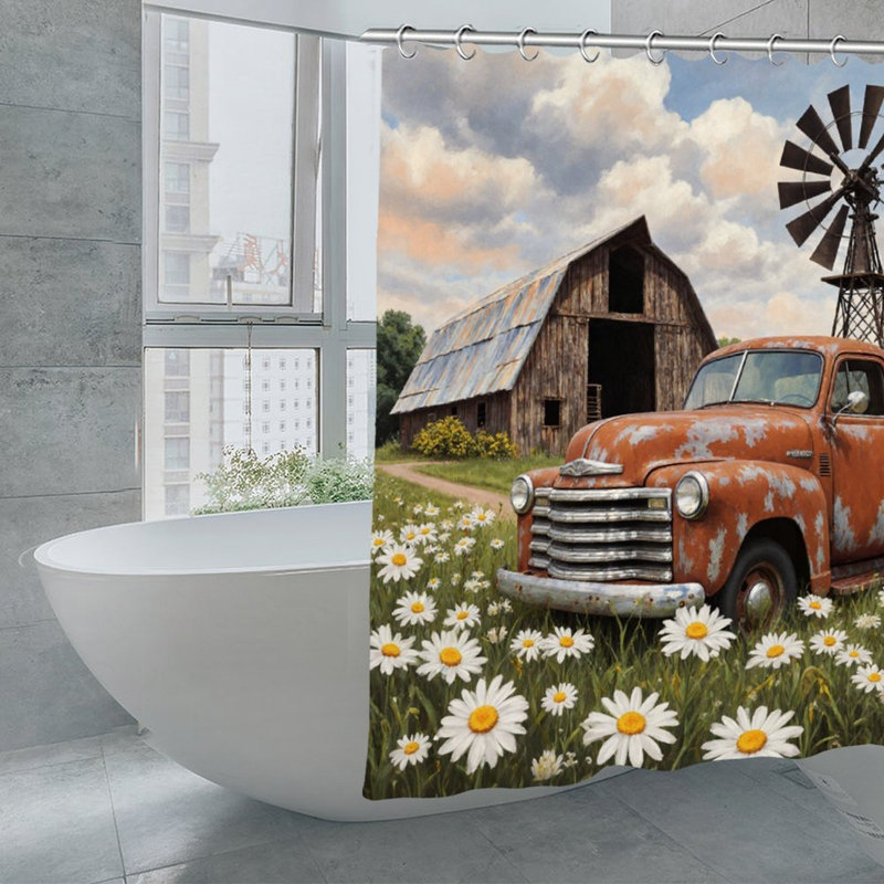 Rideaux de douche en grange patiné et orange pour salle de bain 71 x 71, Orange Weathered Barn & Orange Truck