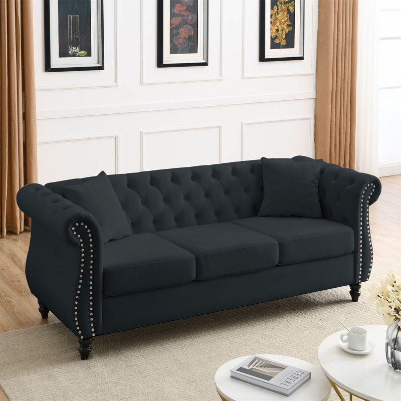 [Vidéo] Canapé Chesterfield 80 po en velours noir pour le salon