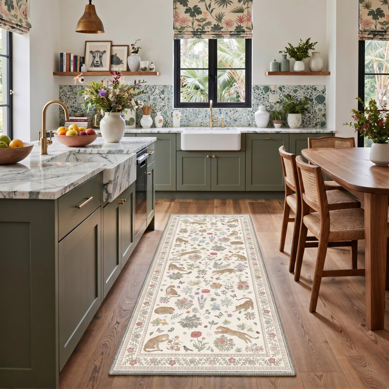 Floral Leopard Machine Washable Sable Beige Indoor Area Rug With Non-Slip Backing, Runner 2' x 6'