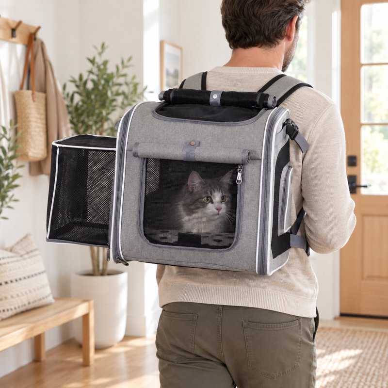 Panier extensible pour chien avec 4 fenêtres en filet – Sac à dos de transport souple pour petits chiens et chats, 37 cm x 26 cm, fixation rapide pour guidon, attache de sécurité et coussin lavable (gris)