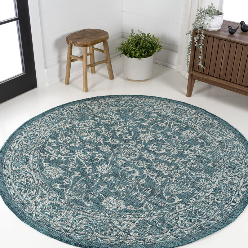 Tapis d'intérieur / extérieur à motif floral bleu sarcelle / gris Leonora, Rond 3 pi 11 po