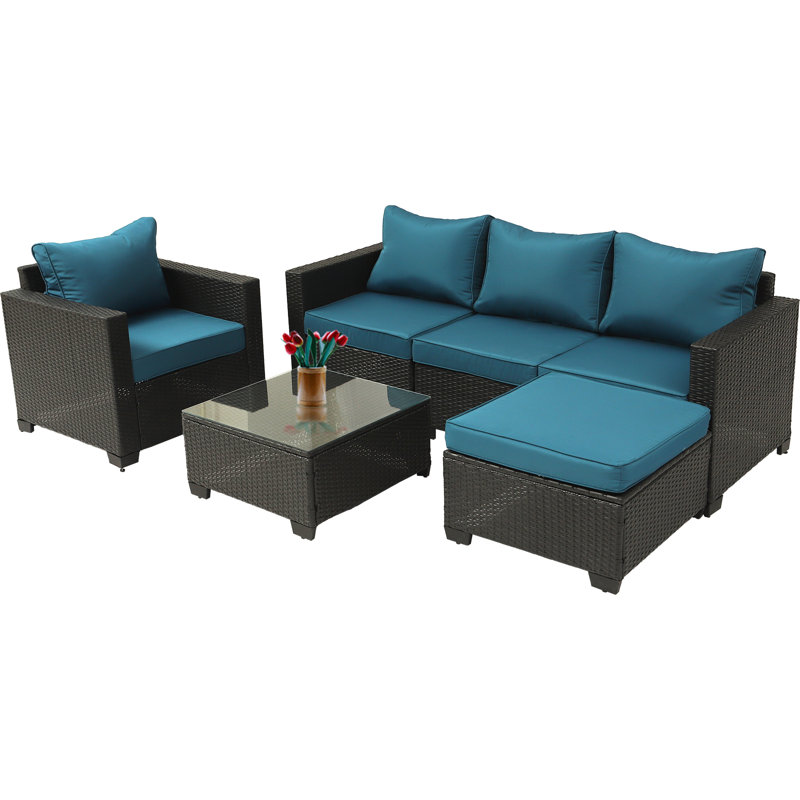 Ensemble de 6 meubles de patio en osier, canapé d'extérieur en rotin avec table basse et coussins de repose-pieds, Bleu paon