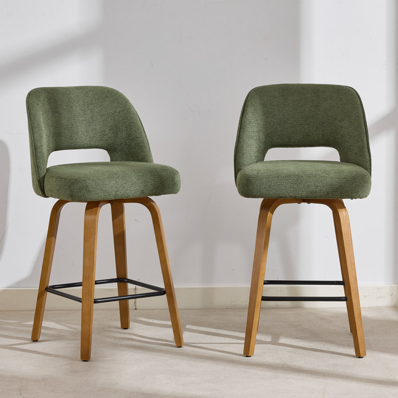 26" Swivel Upholstered Counter Stool with Bentwood Legs and Natural Oak Finish, Moss Green, 4