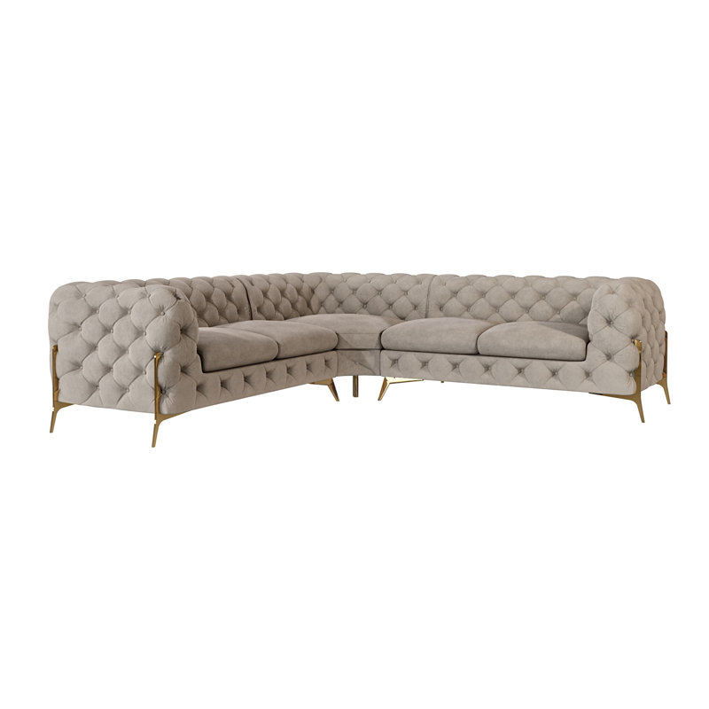 L-shape Corner Chesterfield Sofa  with Gold Metal Legs, Dark Cream