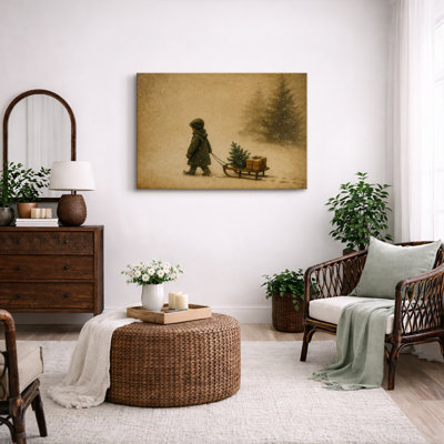 Vintage Winter Child Pulling Sled with Tree Nostalgic Scene - Pictures Framed Canvas Print Wall Art