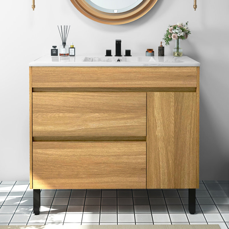 Basant 36'' Free-Standing Bathroom Vanity with Ceramic Top, Natural/Black