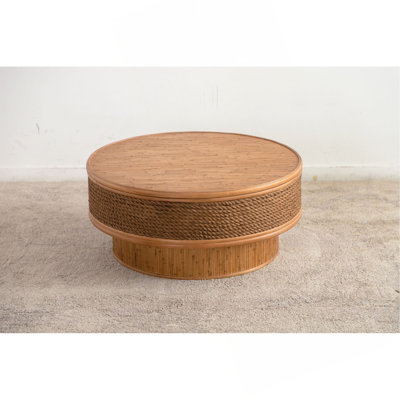 Table basse ronde de 31,5 po avec couvercle rabattable - corde de chanvre et rotin, de style naturel rétro, pour la salle à manger, la cuisine et le salon