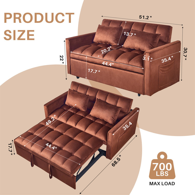 Montevia Sleeper Sofa, Sofa Bed- 2 in 1 Pull Out Couch Bed, Sofa Sleeper with Pull Out Bed, Caramel Velvet