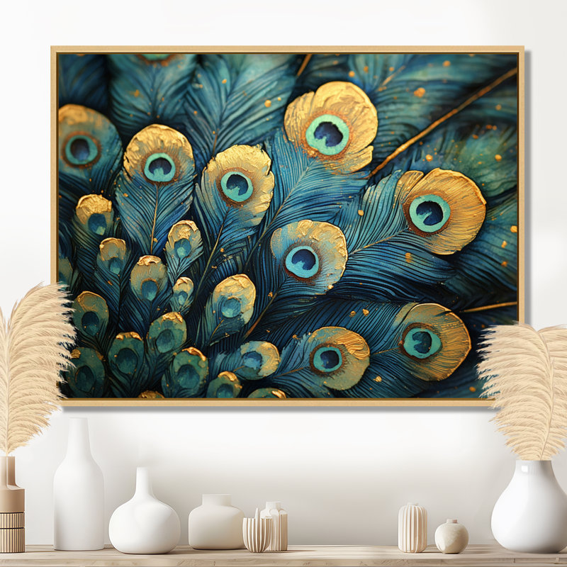 Emerald Peacock Feather Mosaic I - paon, art mural, Cadre flottant, H 24 po x l 32 po, Blanc