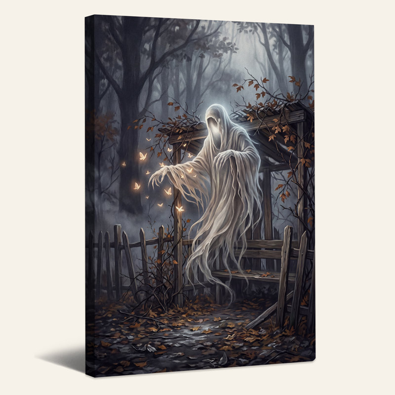 Art mural sur toile, "White Ghost with Glowing Butterflies in Autumn", H 18 po x l 12 po