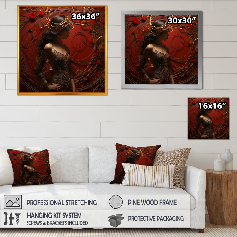 Rouge et or Diva Glamour éblouissant - Art mural glam, Cadre simple noir, H 30 po x l 30 po x P 1,5 po