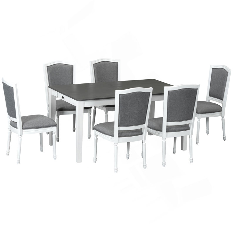 Rustic 7-Piece 78.1Inch Extendable Dining Table Set With 18Inch Removable Leaf, 6 Upholstered Dining Chairs, 2 Built-In Drawers