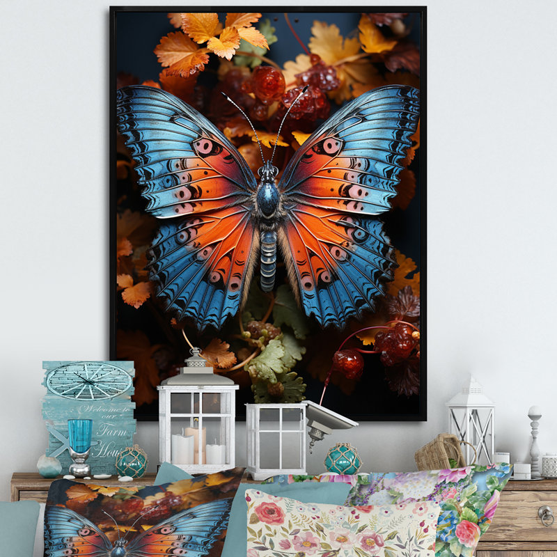 «Orange Turquoise Animal Butterfly», reproduction sur toile, H 40 po x l 30 po, Cadre flottant noir