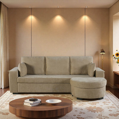 Canapé d'angle en chenille de 239 cm avec pouf de rangement incurvé, ports USB, porte-gobelets et 2 coussins décoratifs