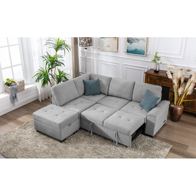 Canapé-lit modulaire en forme de L, canapé-lit d'angle avec repose-pieds avec rangement et accoudoirs cachés et charge USB pour le salon, gris