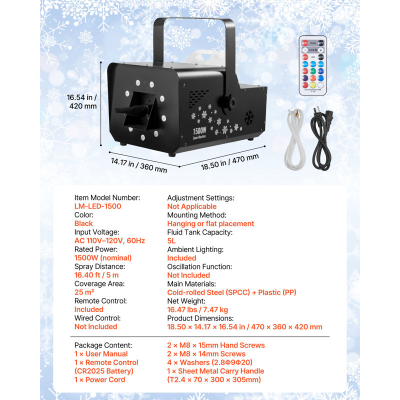 Machine à neige suspendue à la main avec lumières 1500W et commande à distance DMX512