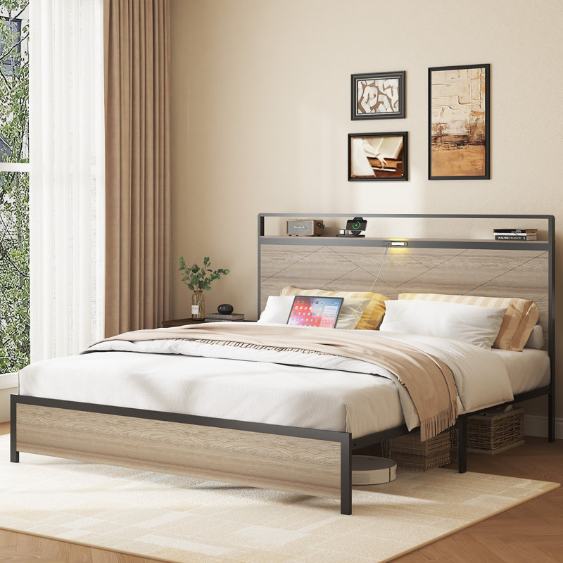 Wooden And Metal King Bed Frame，Bed With Storage Headboard And Charging Station&LED Lights, King