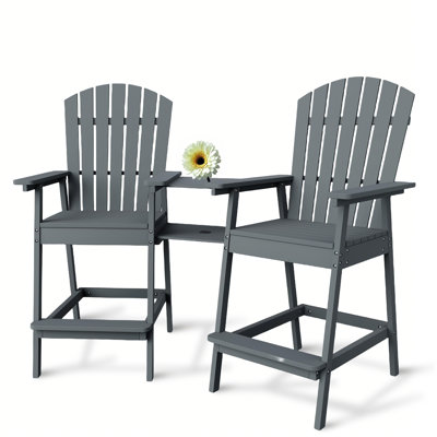 Outdoor Adirondack Barstools with Tray – Set of 2 Tall Wooden Bar Chairs, High Back, Footrest & Umbrella Hole for Deck, Patio, Balcony by Dovecove