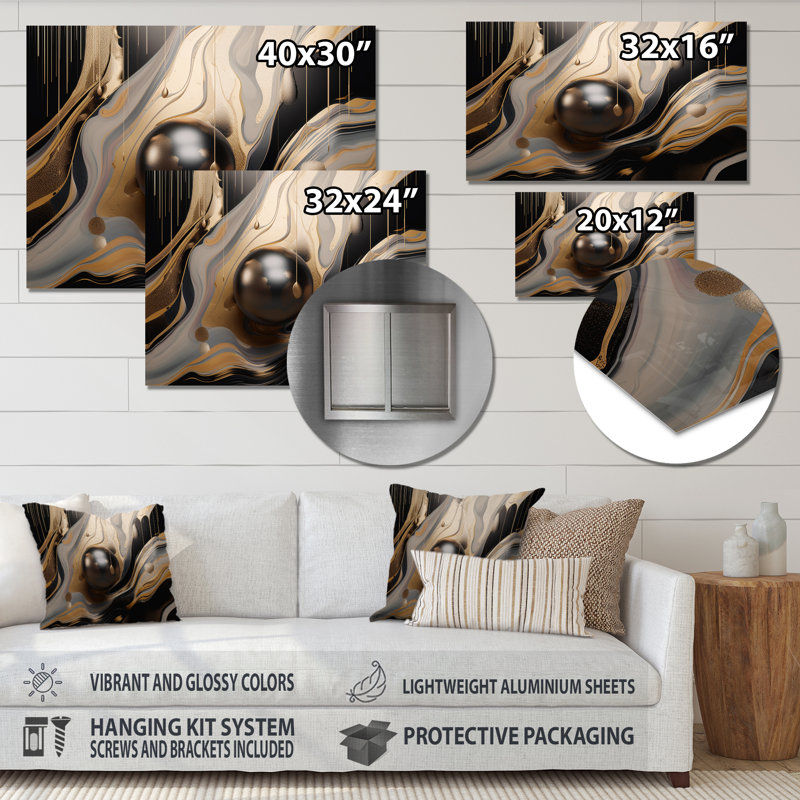 Or et marbré noir Euphoria I - décoration murale abstraite en métal marbré, H 30 po x l 40 po
