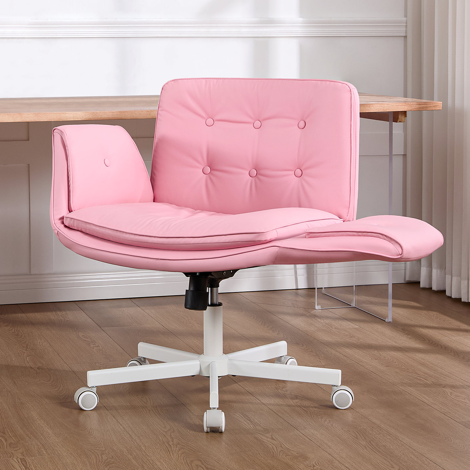 Luii Criss Cross Home Office Chair with wheels and arms, White, Pink