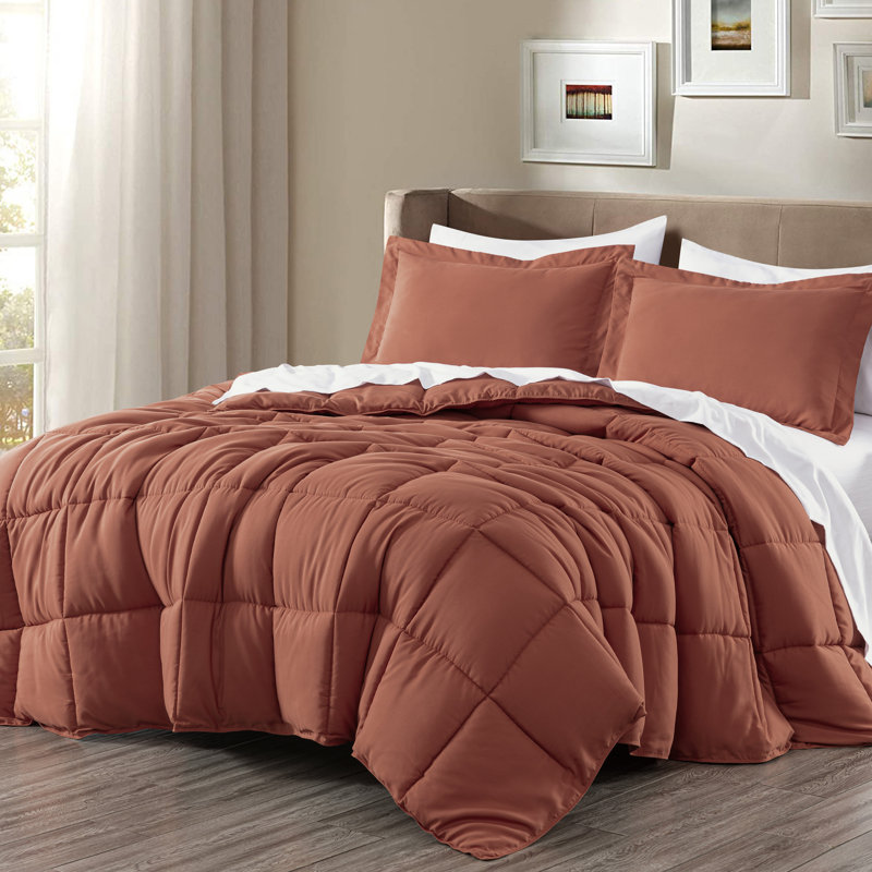 Peachskin Microfiber Bedding Box Stitch Comforter, Terracotta, King Comforter + 2 Pillow Shams