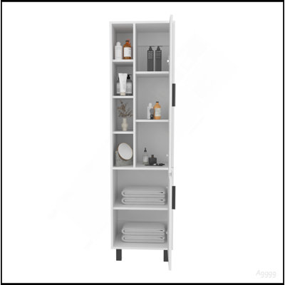 Armoire de rangement haute Stanton avec deux portes et trois tablettes ouvertes, blanc