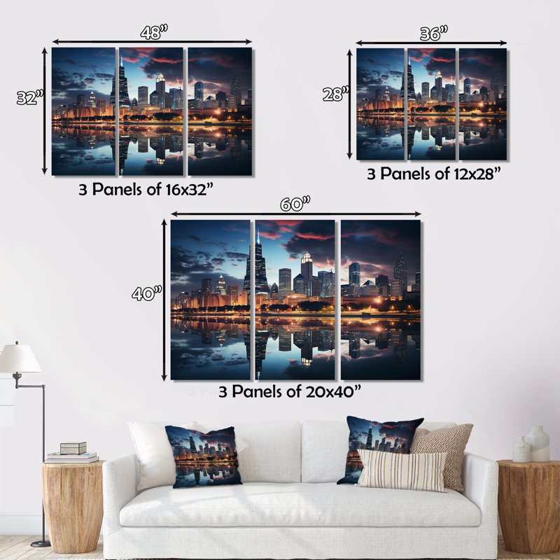 Chicago, beau paysage urbain II, reproduction sur toile 3 pièces, H 28 po x l 36 po x P 1 po