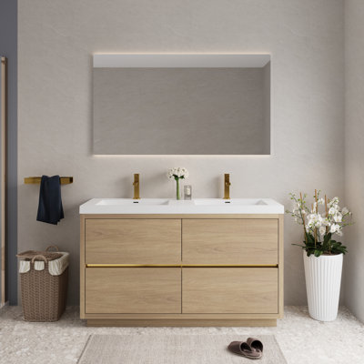 Meuble-lavabo spacieux à double finition chêne, bois d'ingénierie, décor de salle de bain contemporain