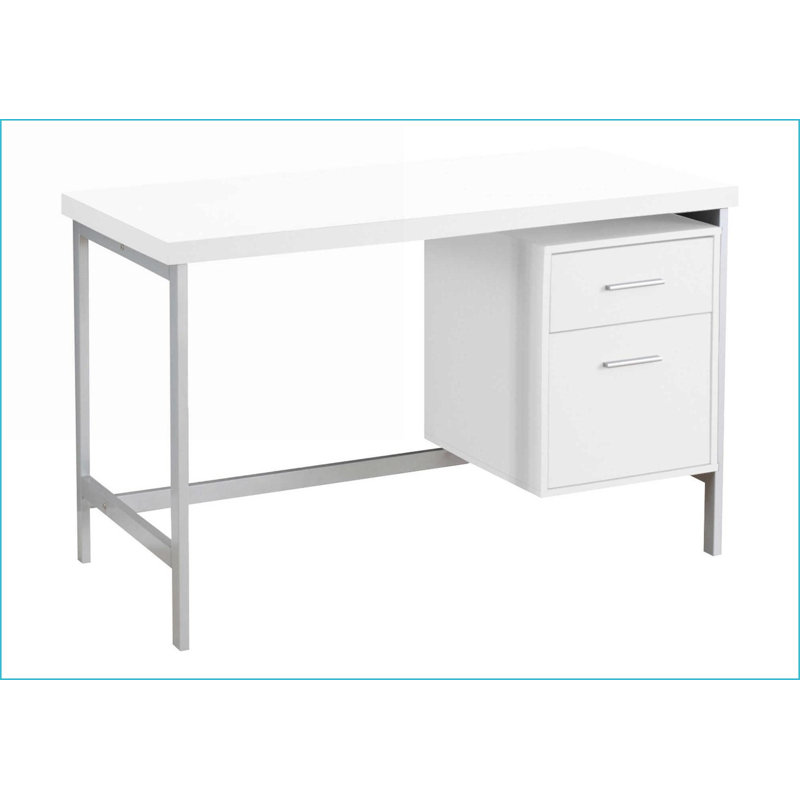 Desks, 48” Contemporary Computer Desk with Storage Drawers, White Laminate &amp; Grey Metal Frame, Reversible Setup | White | Particle Board