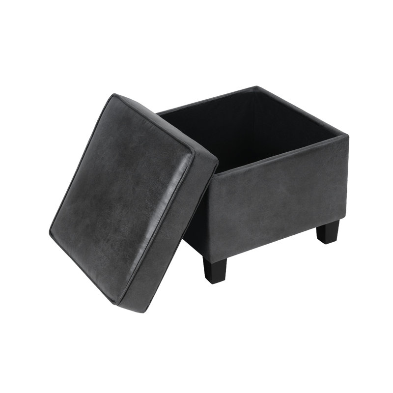 Repose-pieds carré avec rangement Pyp, riche simili cuir 18 pouces, Noir, Noir