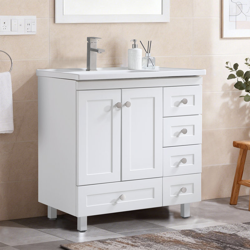 Grand meuble-lavabo autoportant blanc moderne 32 po avec lavabo intégré en céramique et fermeture en douceur 