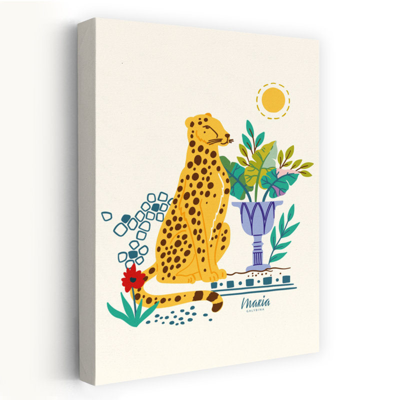 Assis et plantes tropicales Guépard - Affiche murale moderne et vibrante représentant un animal abstrait et la nature