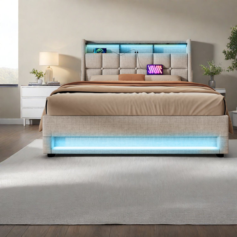 Grand lit plateforme tapissier avec rangement hydraulique, éclairage DEL et charge USB au fini naturel