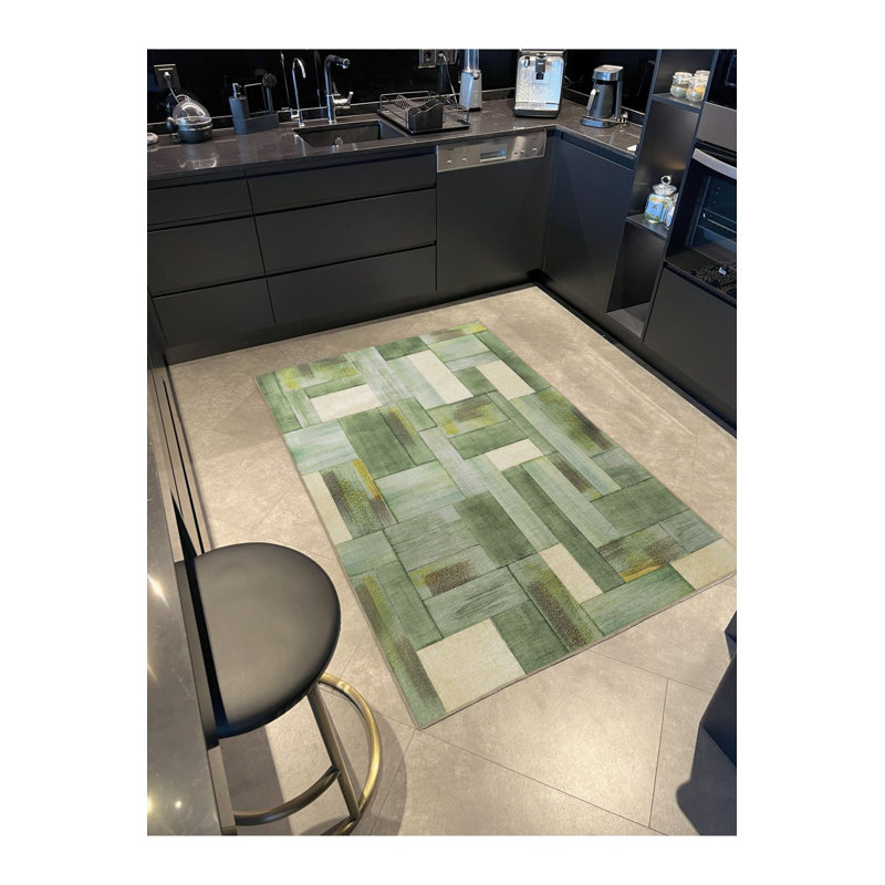 Green Themed Mixed Geometric Rectangular Shape Patterned Modern Decorative Rug, Rectangle 4'7" x 6'7" Rug Pad Included