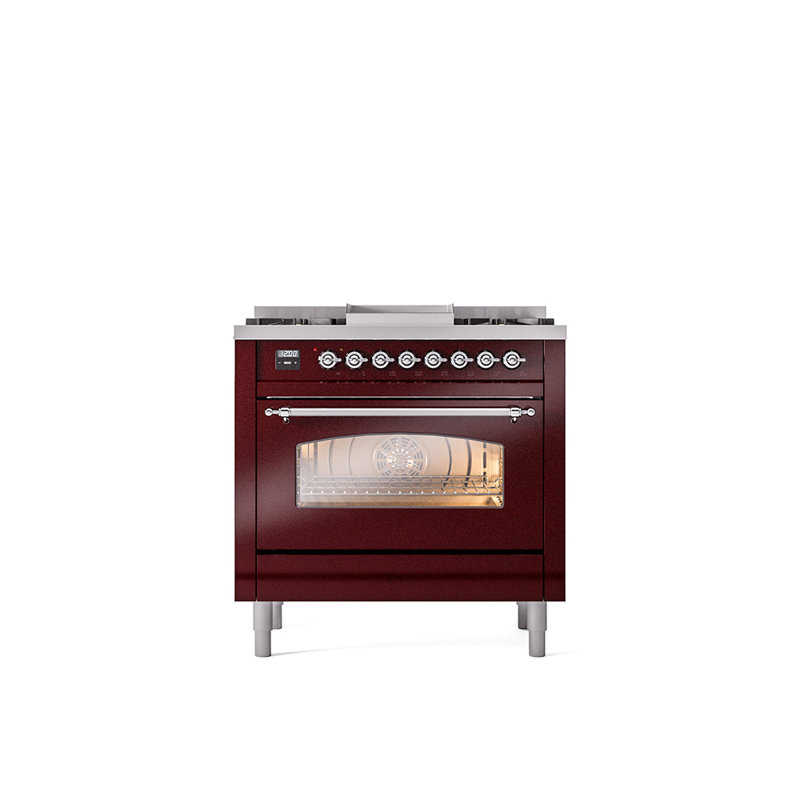 ILVE Nostalgie II Series 36 inch Dual Fuel Range with 6 Burners, Griddle (Glass Door), Burgundy/Chrome, Liquid Propane