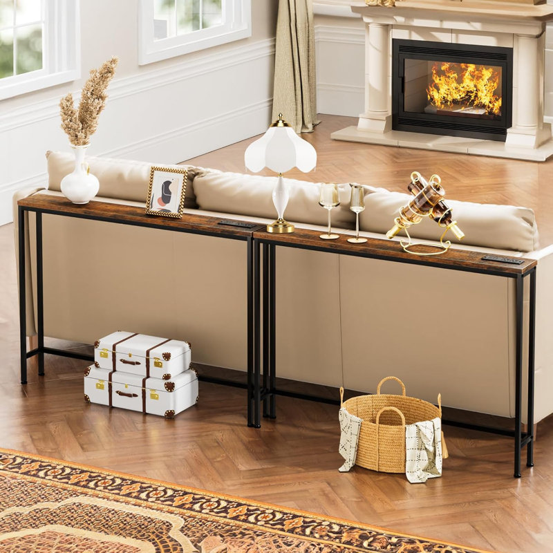 Long Console Sofa Table With Power Outlets And USB Ports, Sturdy Metal Frame, Adjustable Feet, And Anti-Tipping Strap, Perfect For Behind Couch Placement