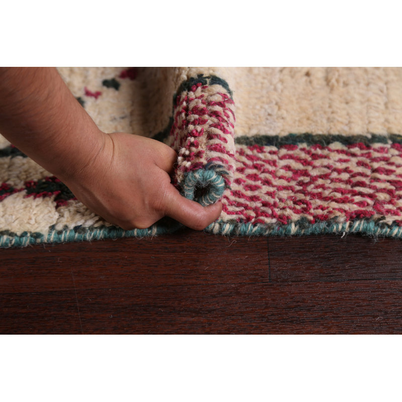 Tapis beige en laine noué à la main de conception unique 9 pi 2 po x 12 pi 10 po marocain