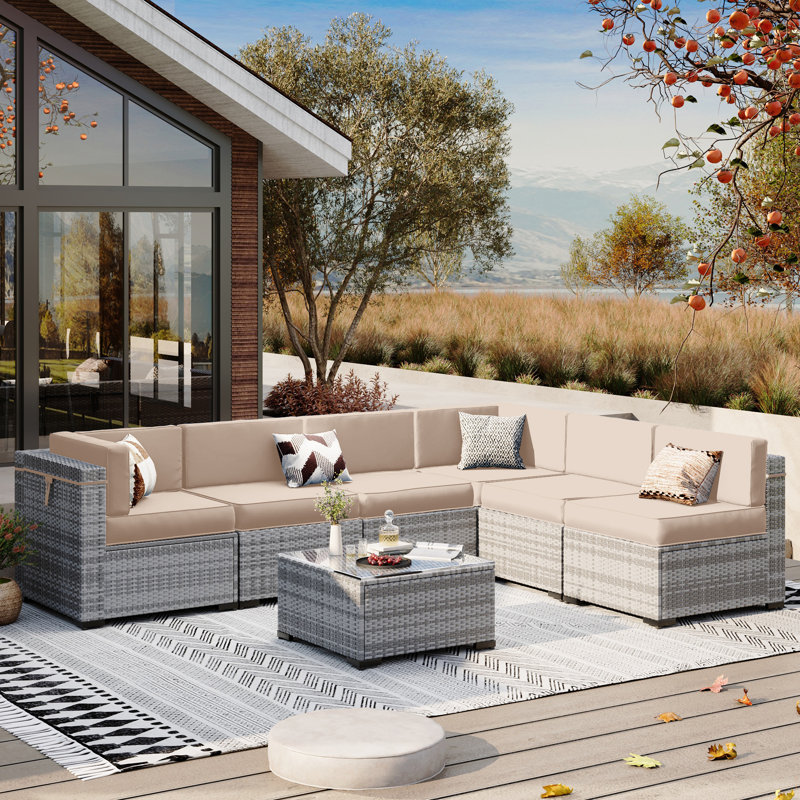 Cawanna 7 Piece Outdoor Rattan Seating Group with Cushions, Beige, Non