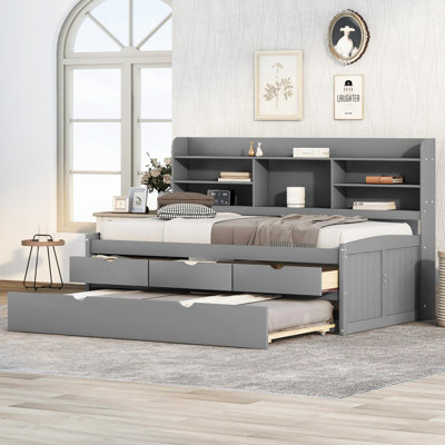 Lit simple en bois avec tablettes de rangement intégrées, 3 compartiments de rangement et gigogne en gris