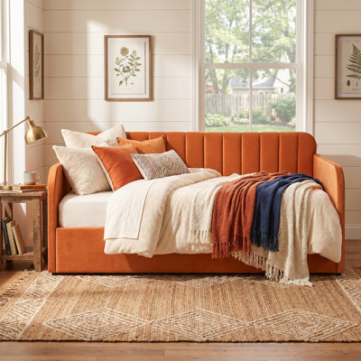 Velvet Piano Key Style Tufting Daybed with Lift-Up Storage, No Box Spring Needed, Orange